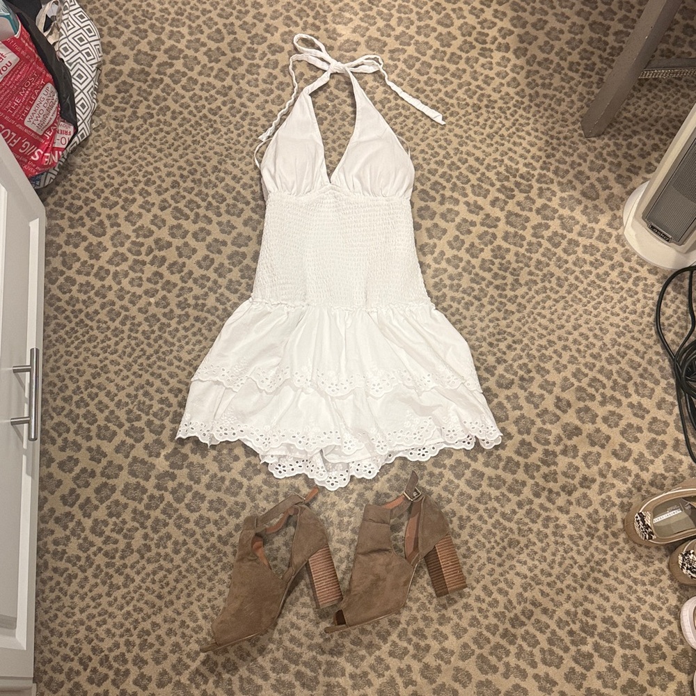 Y2K Hollister White Smocked Halter Mini Dress Eyelet Lace Tiered Sundress